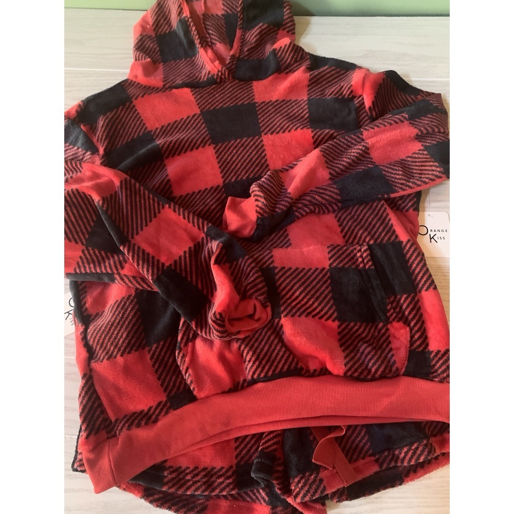Orange Kiss Two Piece Womens Hooded Red Tartan Plaid lounge Short Set Large